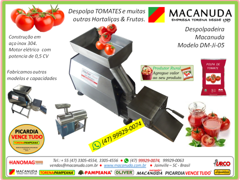 MASSA DE TOMATE ORGÂNICO, MÁQUINA DESPOLPADEIRA MACANUDA